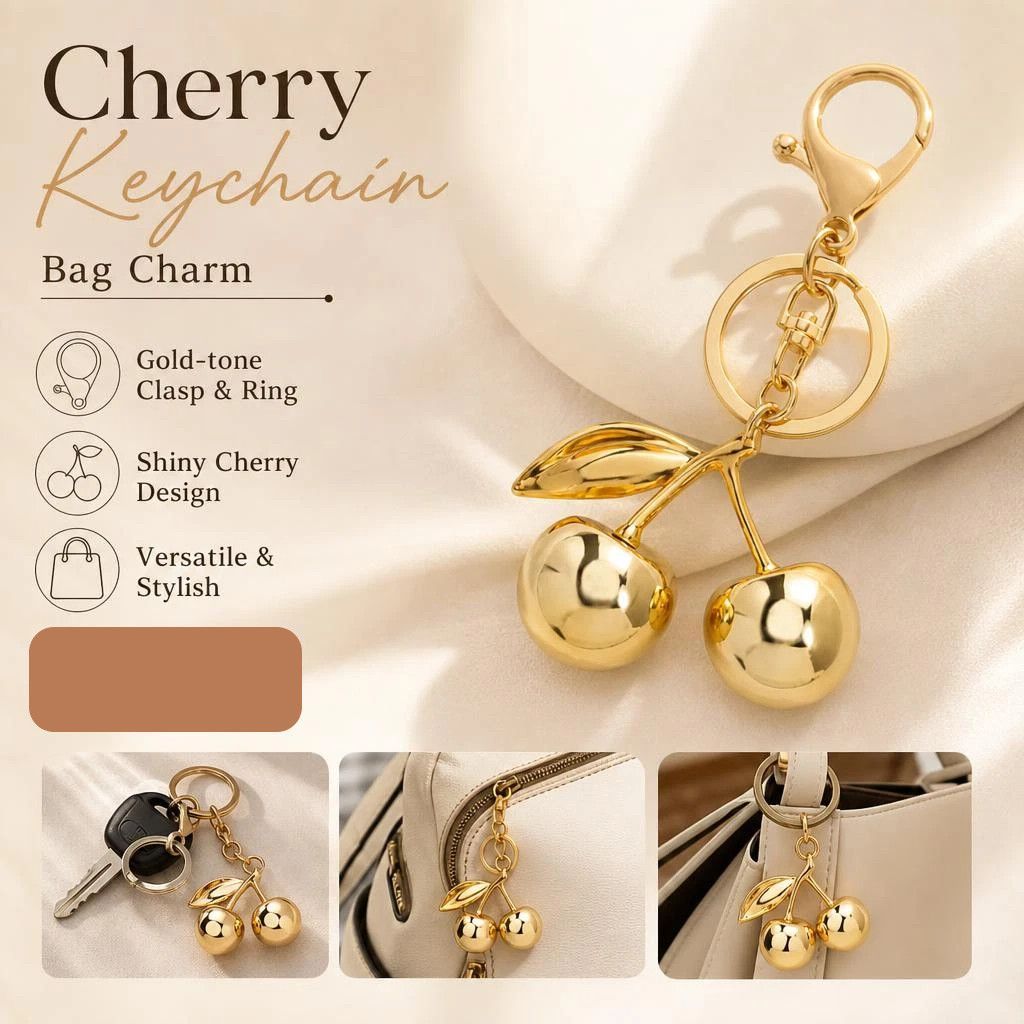 Smooth solid golden cherry keychain bag charm, warm lasting sweetness stays with you all year round
