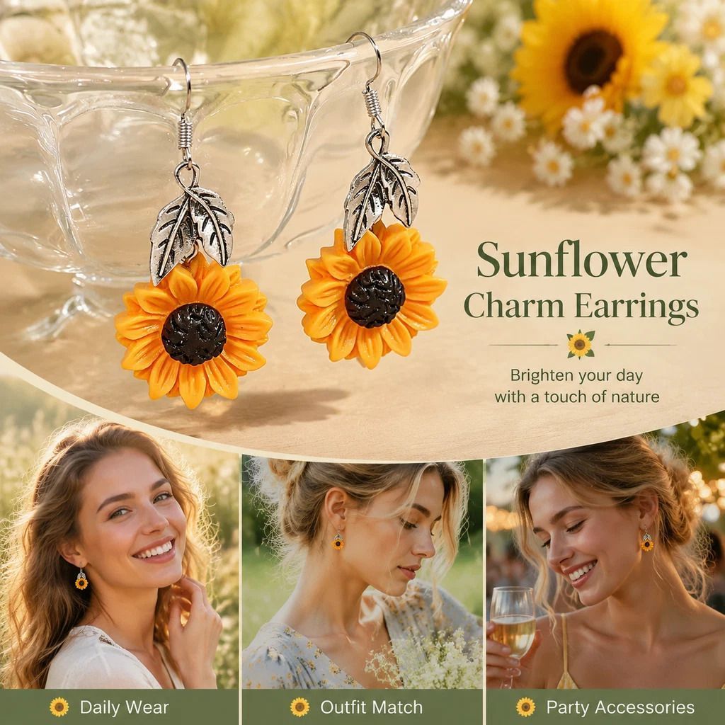 Fresh Botanical Drop Earrings, Sunflower Accent With Silver Leaves, One Pair