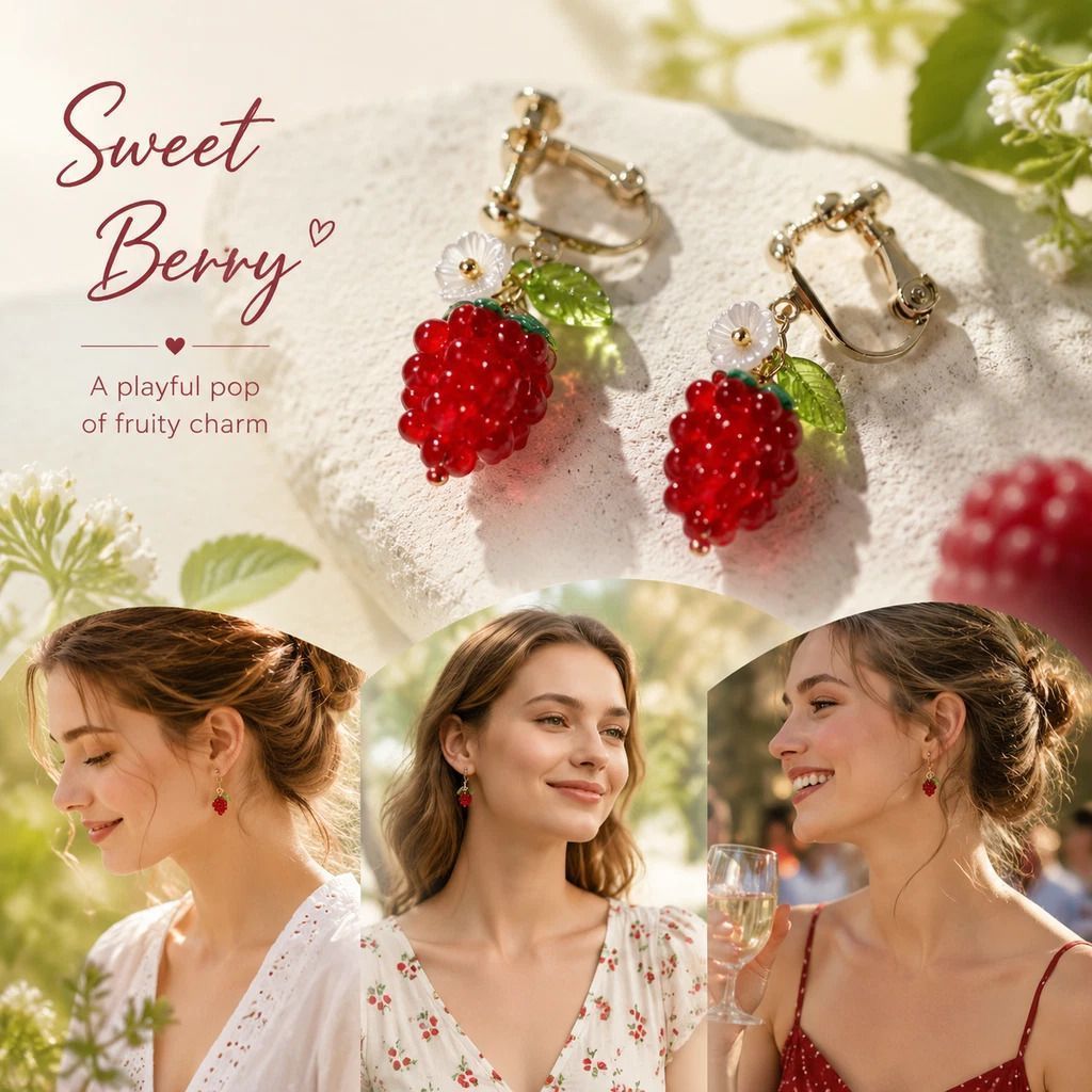 Gentle Clip On Botanical Earrings, Transparent Red Grape Single Leaf Bloom, One Pair