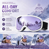 Ideal Practical Ski Gear Gift, Ventilated Anti-Reflection Ski Goggles For All-Day Outdoor Use, White Frame Purple Lens