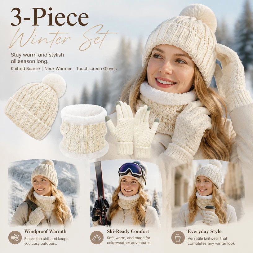 Lovely Winter Ski Present Insulated Knitted Hat 3 Piece Set White, Cosy Matching Outfit For Mountain Snow Trips