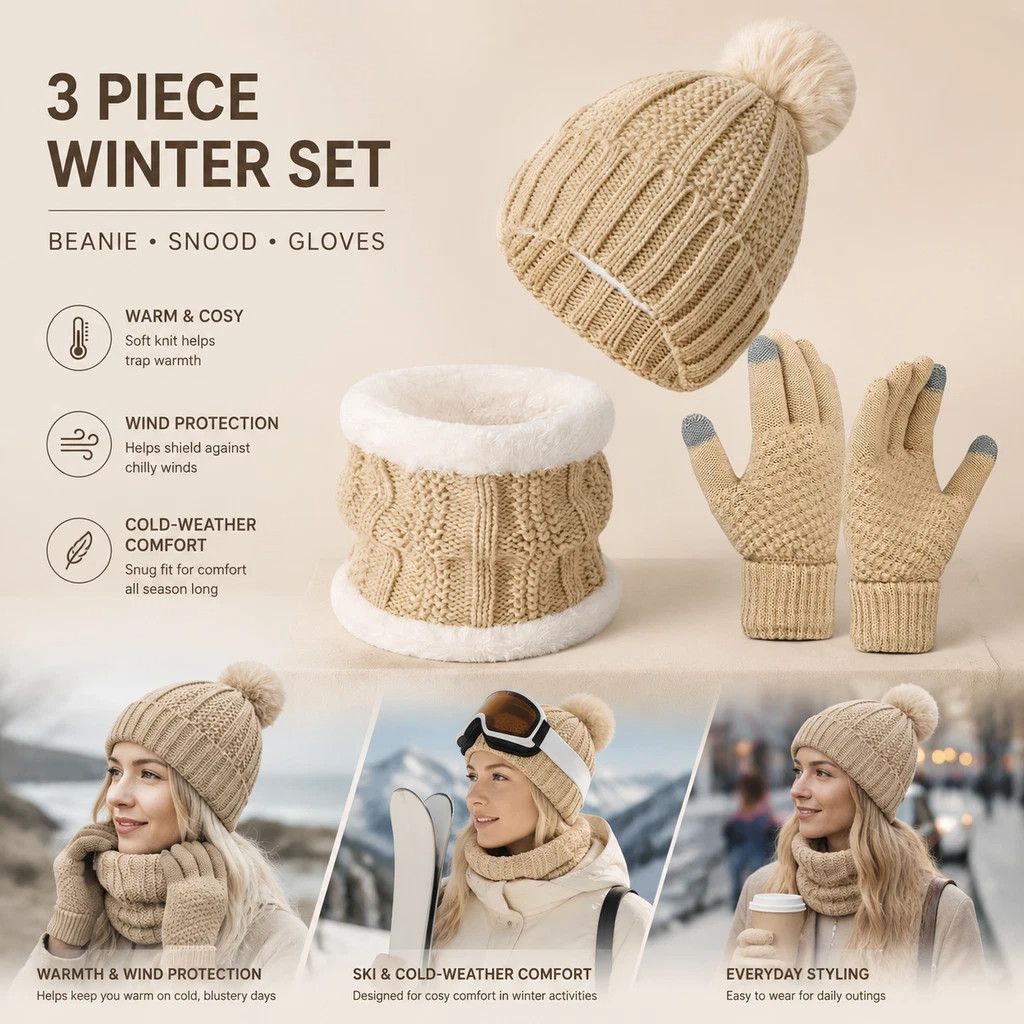 Warm Holiday Ski Essential Plush Lined Knitted Hat 3 Set Beige, Versatile Matching Wear For Ski Adventures