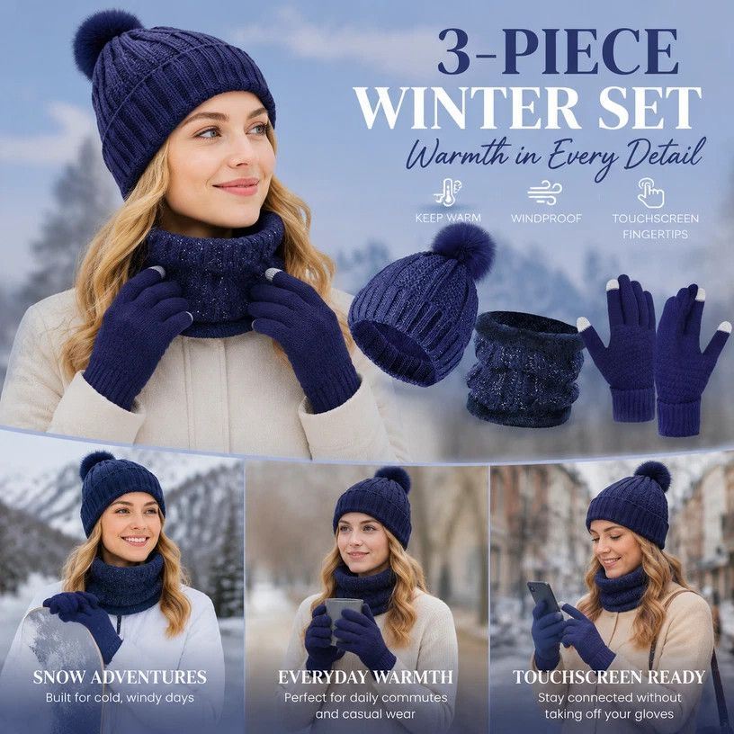 Premium Ski Travel Gift Fleece Lined Knit Hat 3 Set Navy, Snug Cold Weather Gear For Ski Mountain Trips