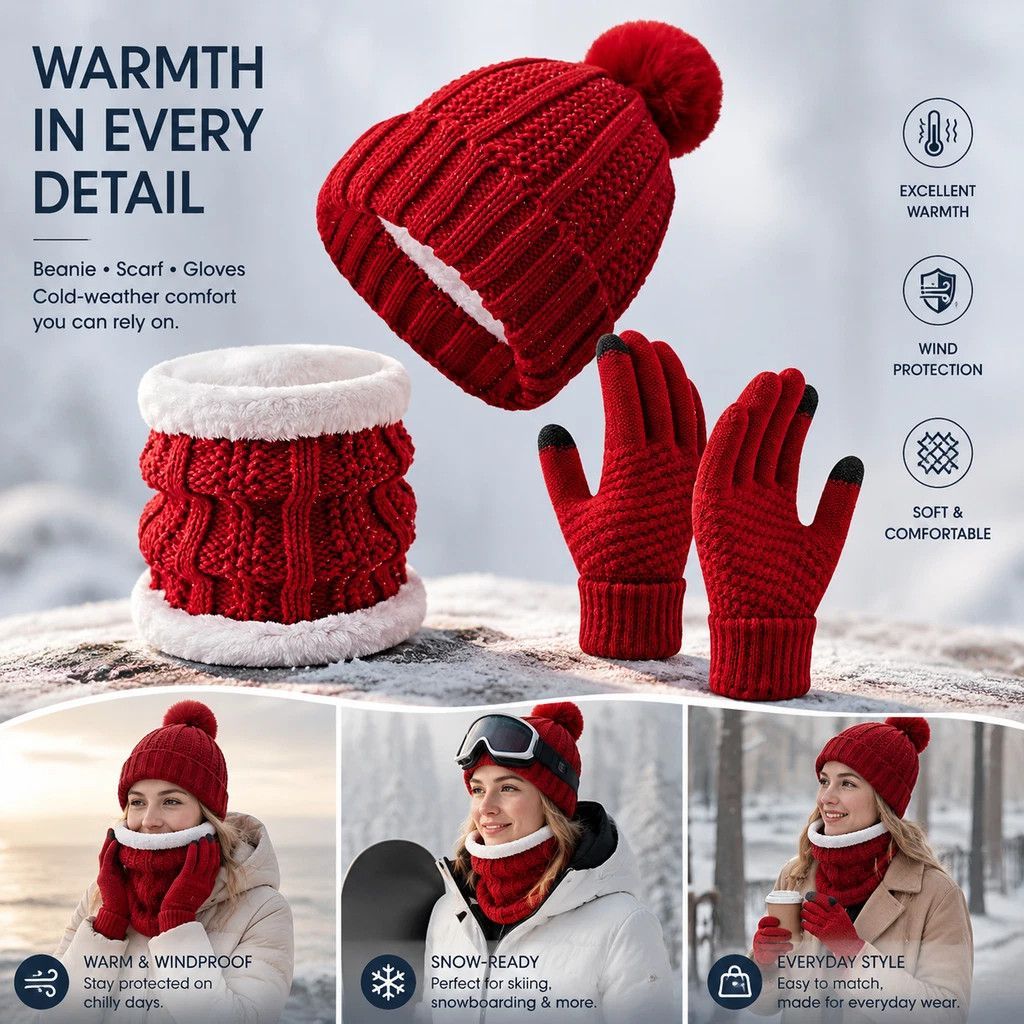 Heartfelt Snow Trip Companion Thick Knitted Hat 3 Pack Bright Red, Multi-Scene Ski Outdoor Matching Wear
