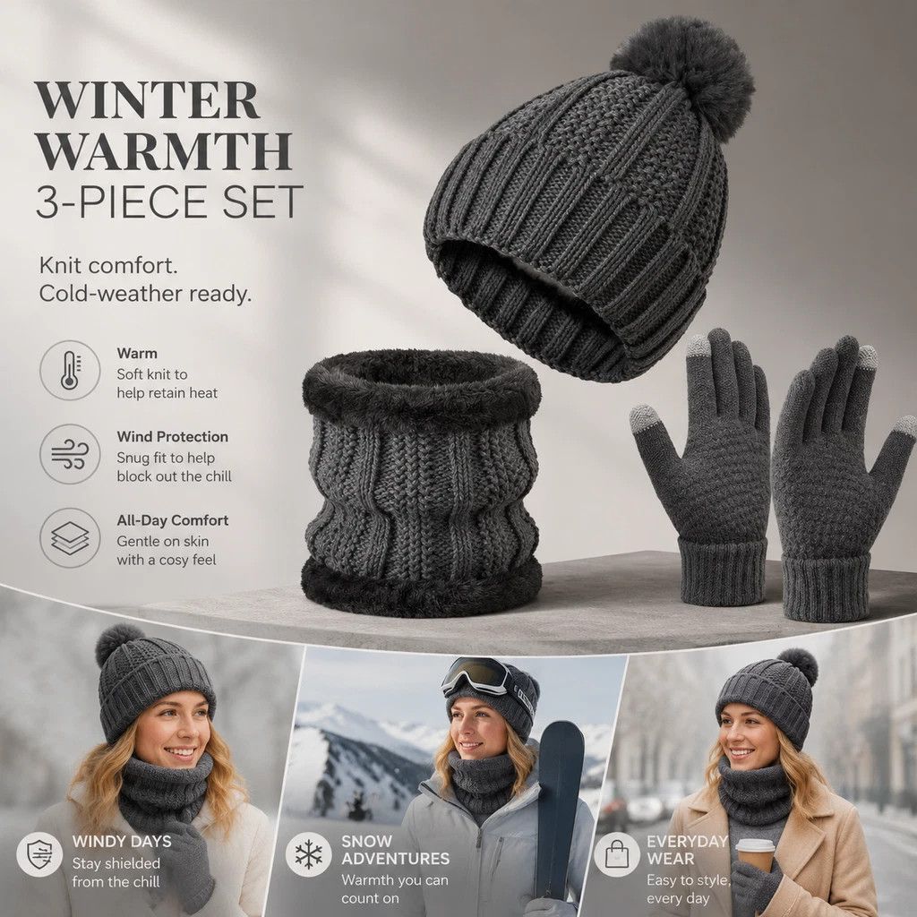Reliable Cold Ski Present Insulated Thick Knit Hat 3 Pack Dark Grey, Warm Matching Set For Ski Holidays