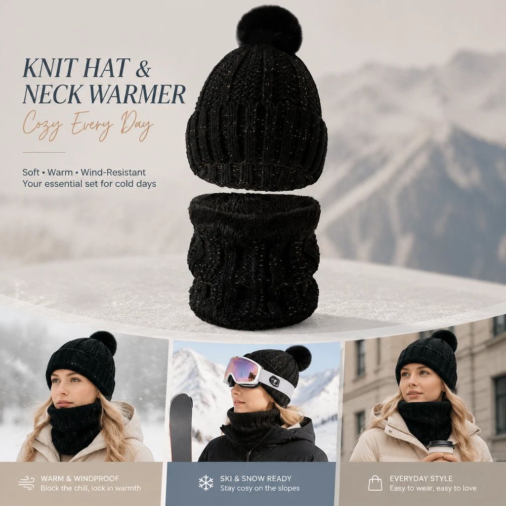 Handy Ski Holiday Gift Fleece Lined Thick Knit Hat 2 Pack Black, Thermal Snow Outdoor Matching Accessory