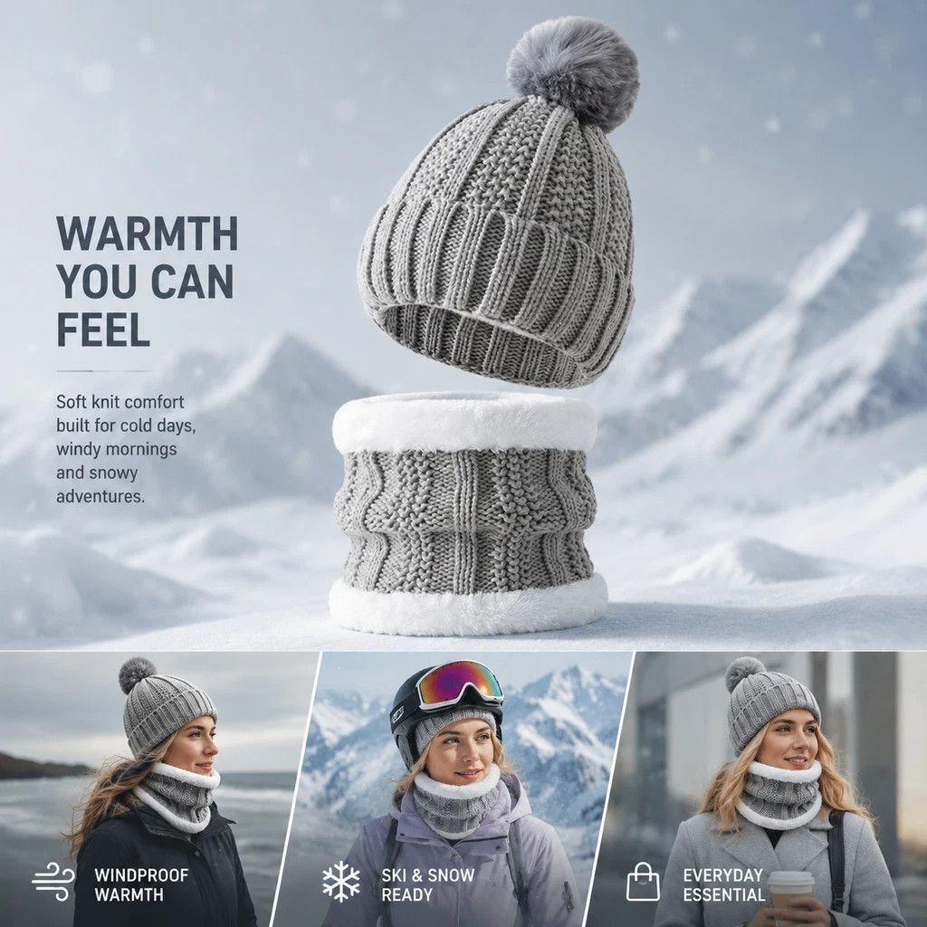 Versatile Snow Gear Gift Plush Lined Knit Hat 2 Pack Light Grey, Daily & Ski Travel Matching Outfit