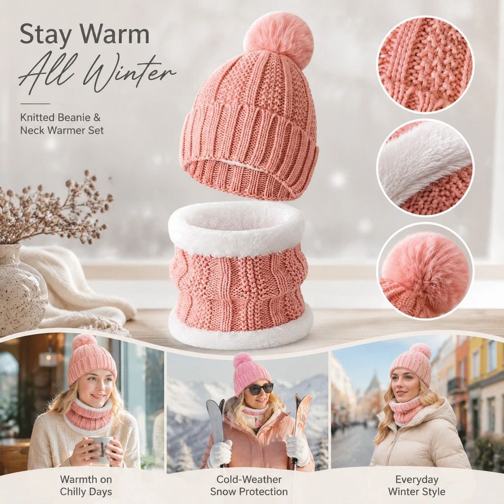 Cute Cold Ski Surprise Insulated Thick Knit Hat 2 Set Pink, Cosy Accessory For Ski Resort Camping
