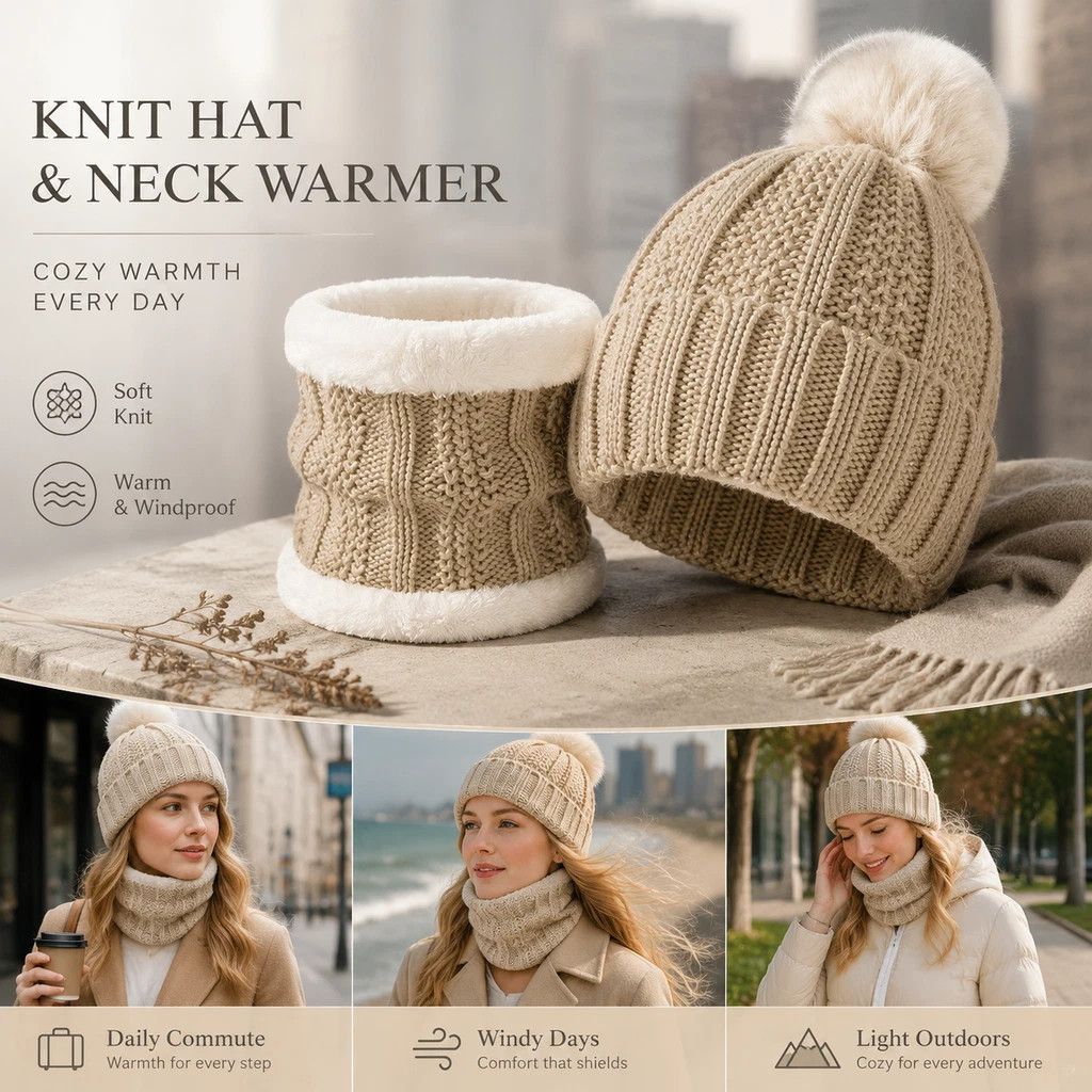 Comfortable Ski Travel Essential Fleece Lined Knit Hat 2 Pack Beige, Multi-Use Snow Outdoor Matching Wear