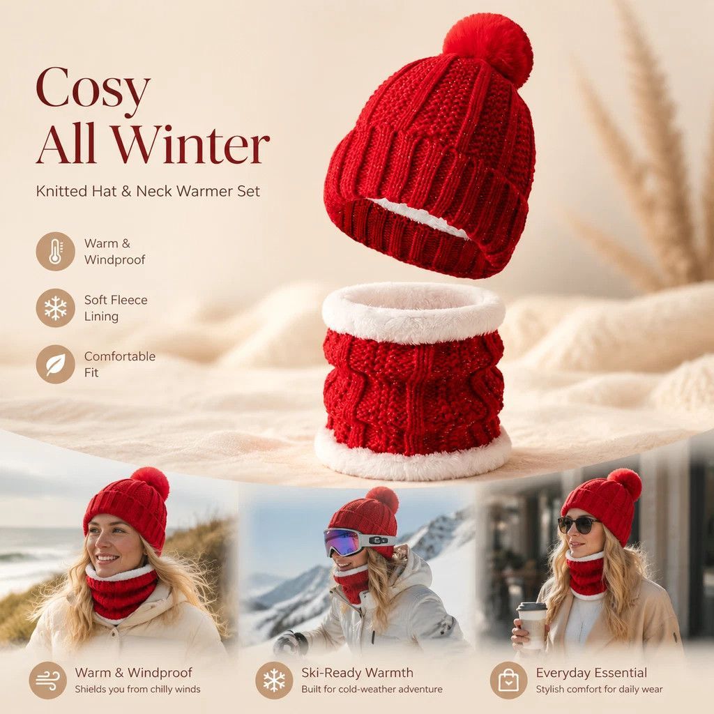 Budget Friendly Ski Companion Plush Lined Knit Hat 2 Pack Bright Red, Cold Resistant Snow Matching Set