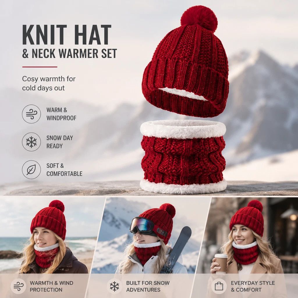 Warm Winter Ski Present Insulated Knitted Hat 2 Set Burgundy, Snug Accessory For Ski Field Daily Use