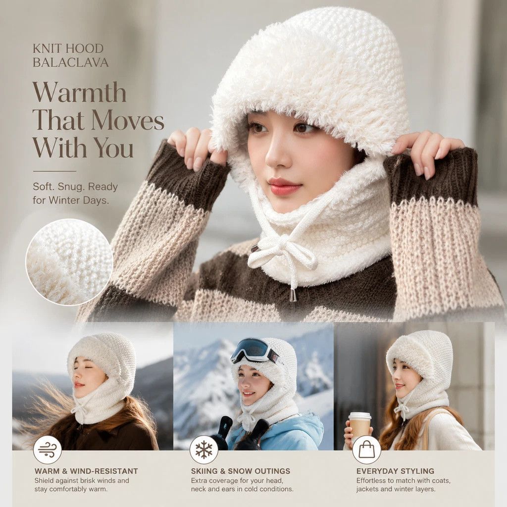 Beautiful Outdoor Knit Headwear White One Size, Integrated Mask & Neck Gaiter, Great For Ski Slopes & Daily Outfit Matching