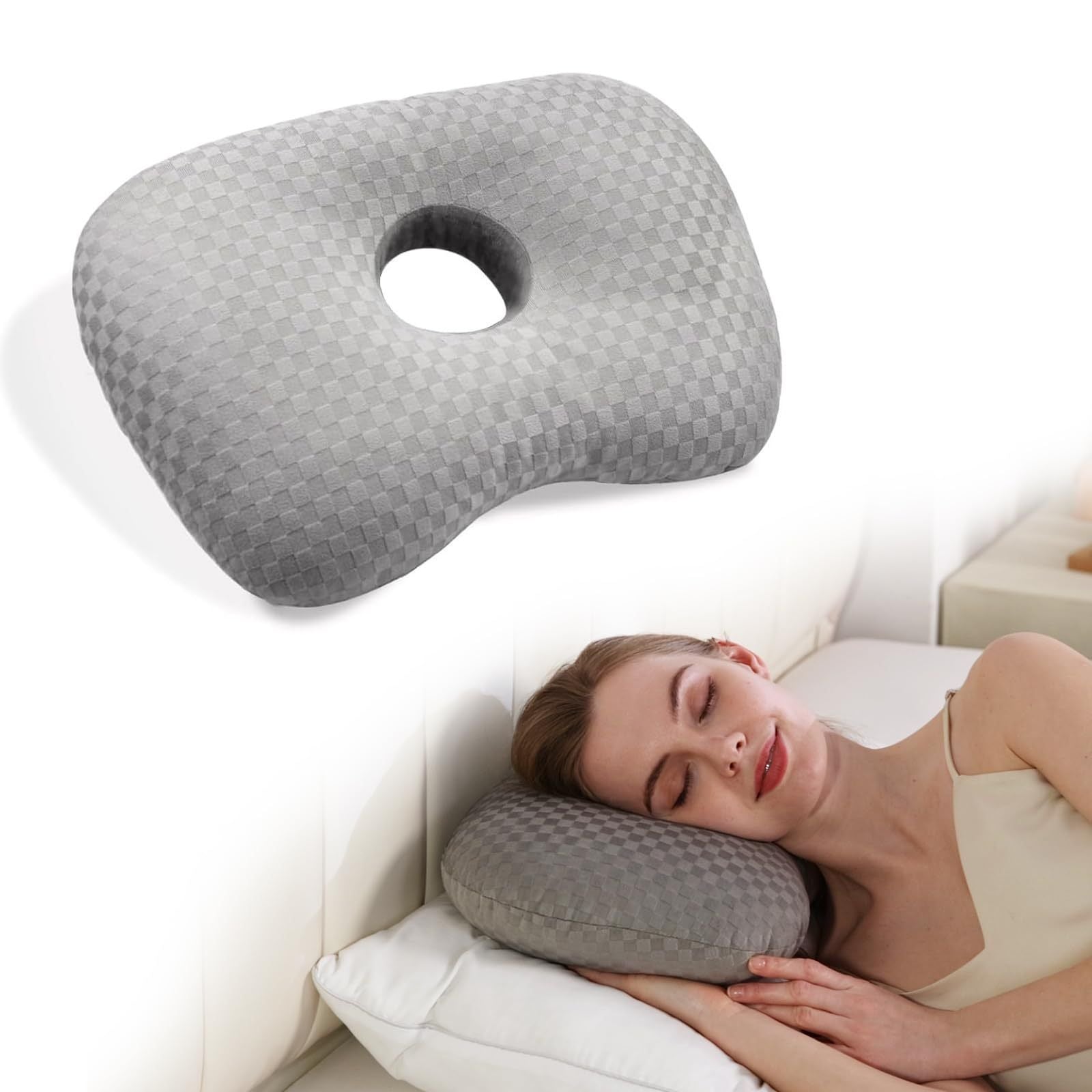 Grey Checker Ear Pillow, Hollow Cutout Ease Piercing Ear Soreness