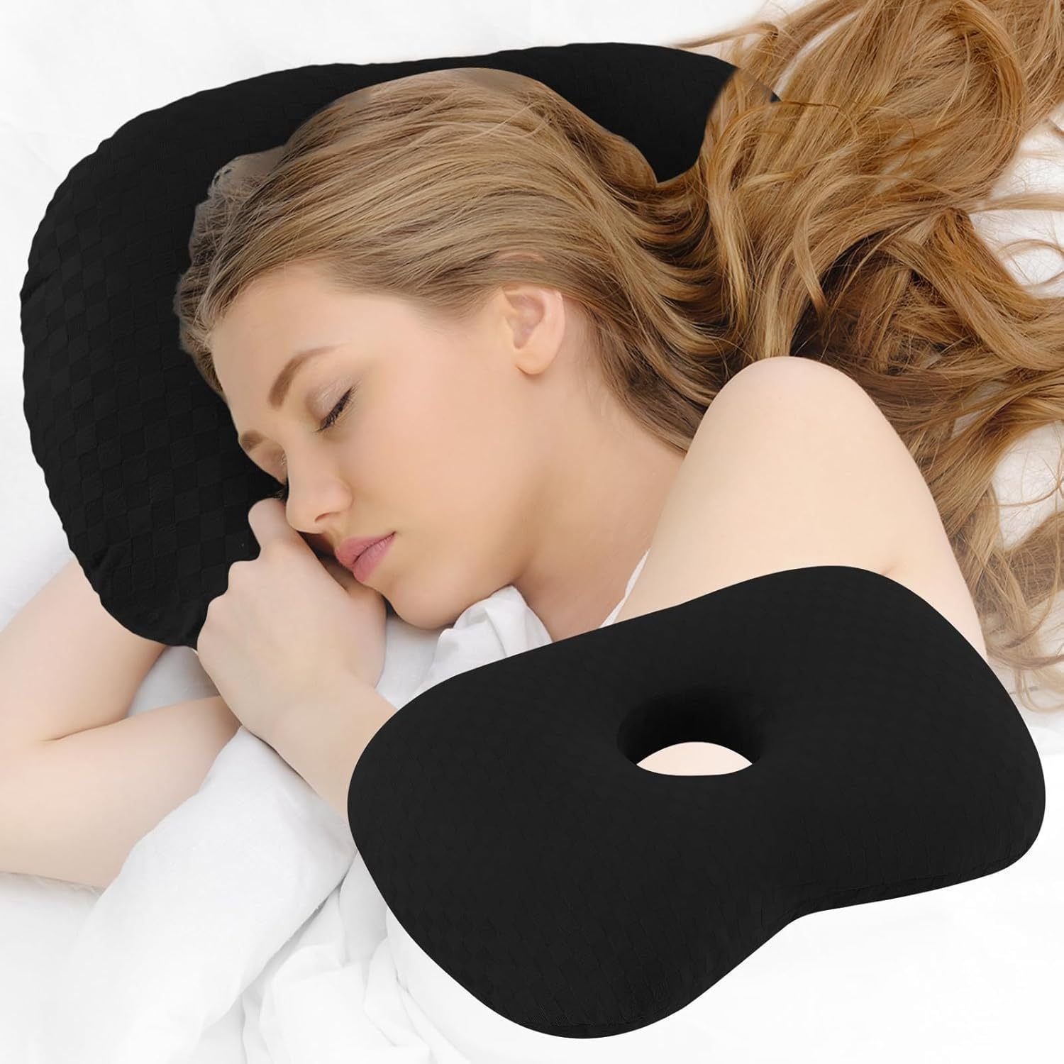 Black Checker Ear Protection Pillow, Comfort Sleep With Pierced Ears