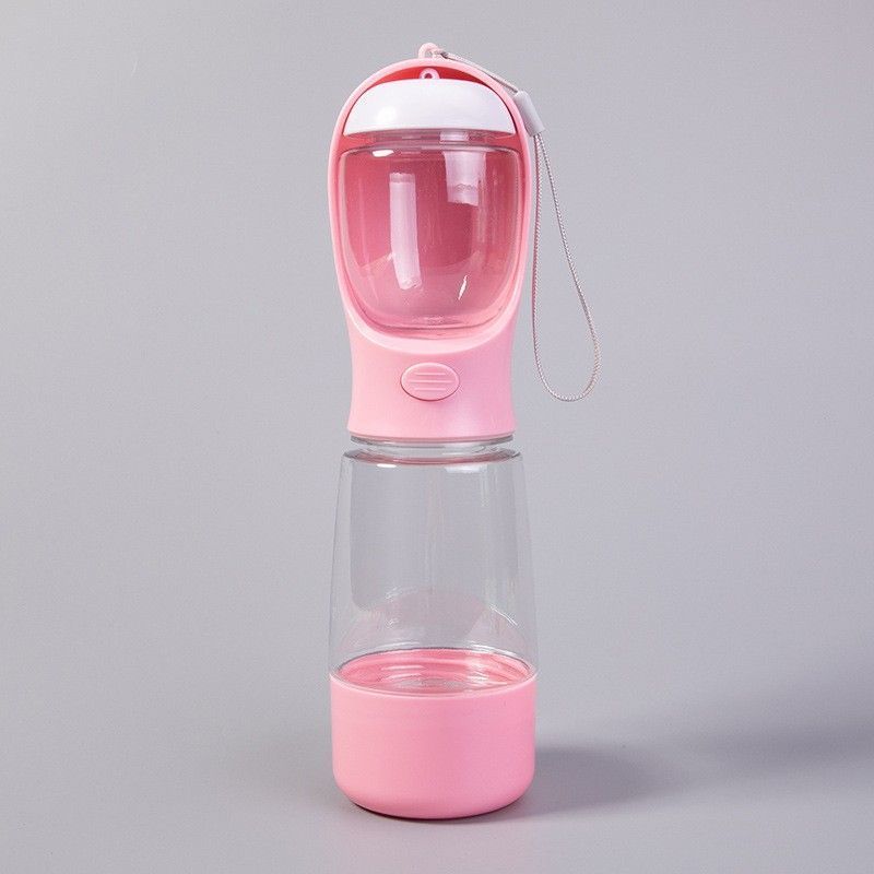 Portable 3-in-1 Pet Water Food Bottle for Outdoor Trip, Pink, 400ml Water 150ml Food Storage, Waste Bag Box & Handheld Strap Included, Multi-Scene Walking Gear, Christmas Halloween Gift for Pet Owners