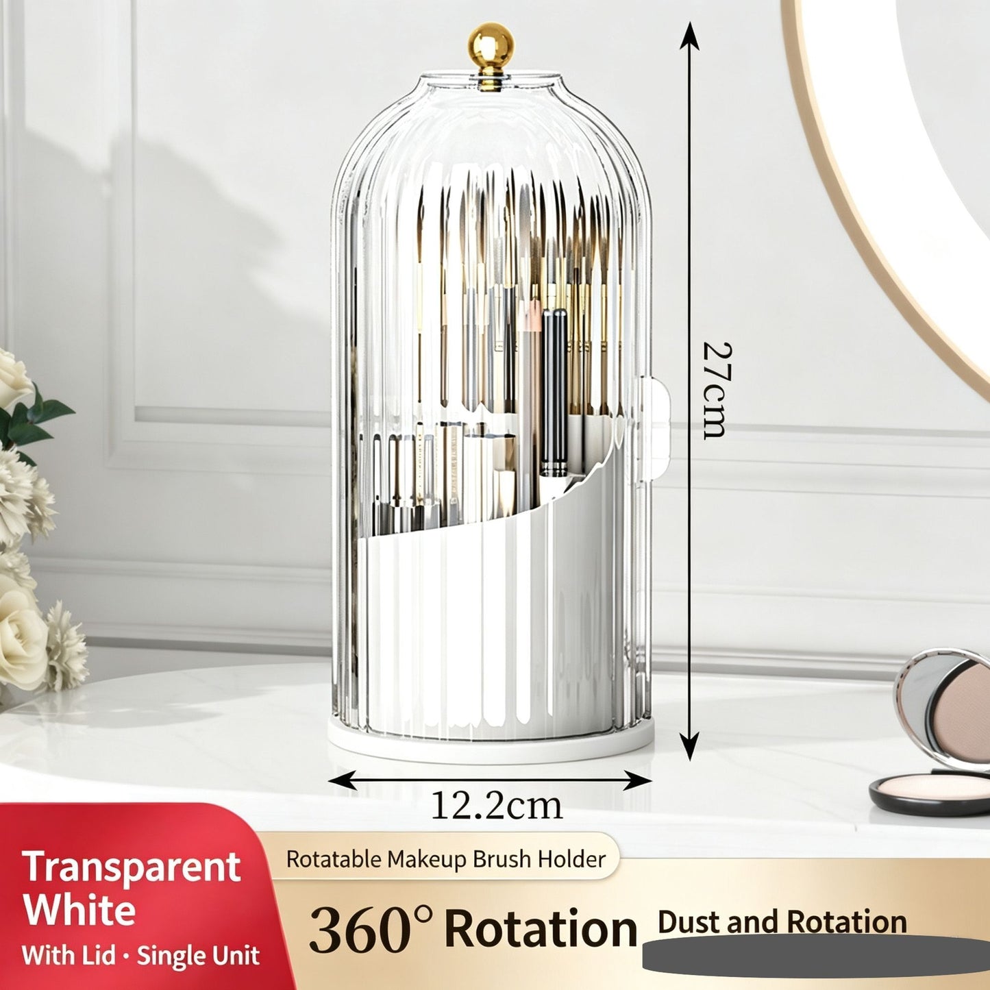 Rotating Birdcage Desk & Vanity Organiser, Dustproof Divided Storage Holder for Cosmetics, Skincare, Stationery, Toothbrushes & Cutlery, Transparent White, Christmas & Halloween Household Gift