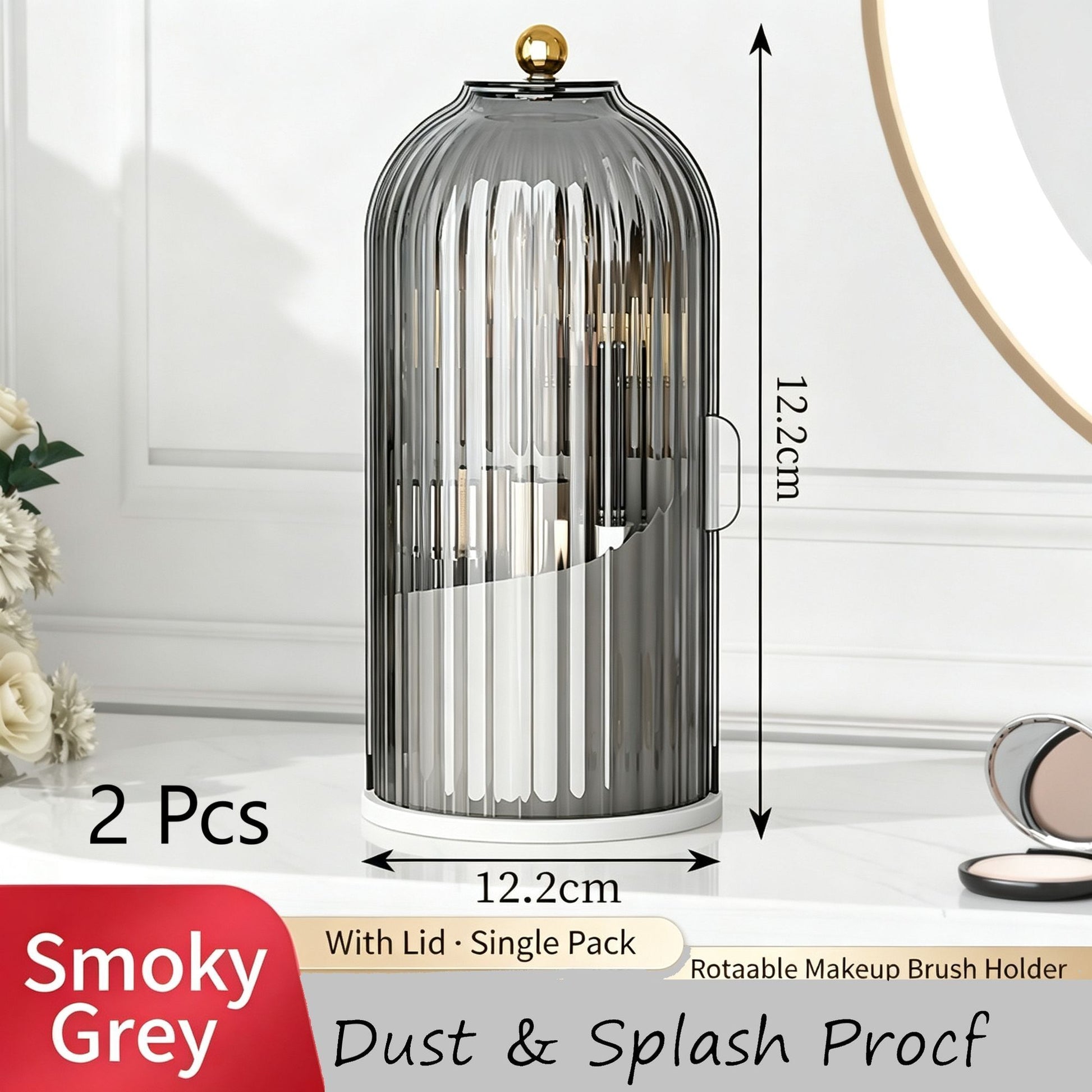 Rotatable Birdcage Vanity & Desktop Organiser, Dustproof Compartment Storage for Cosmetics, Stationery, Toothpaste, Knives, Forks & Spoons, Transparent Grey, 2 Pack, Christmas & Halloween Multi-scene Gift