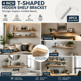 4" White Hidden T Shelf Bracket 6Pcs w/ 5x60&5x80 Screws