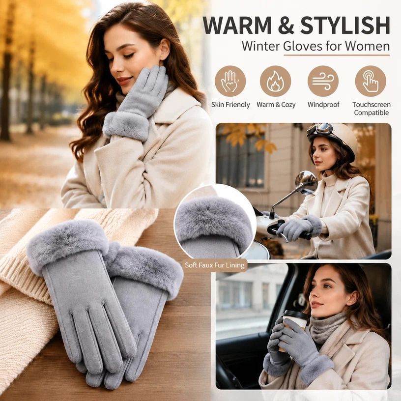 Grey Fur Cuff Women's Thermal Touch Screen Cycling Gloves
