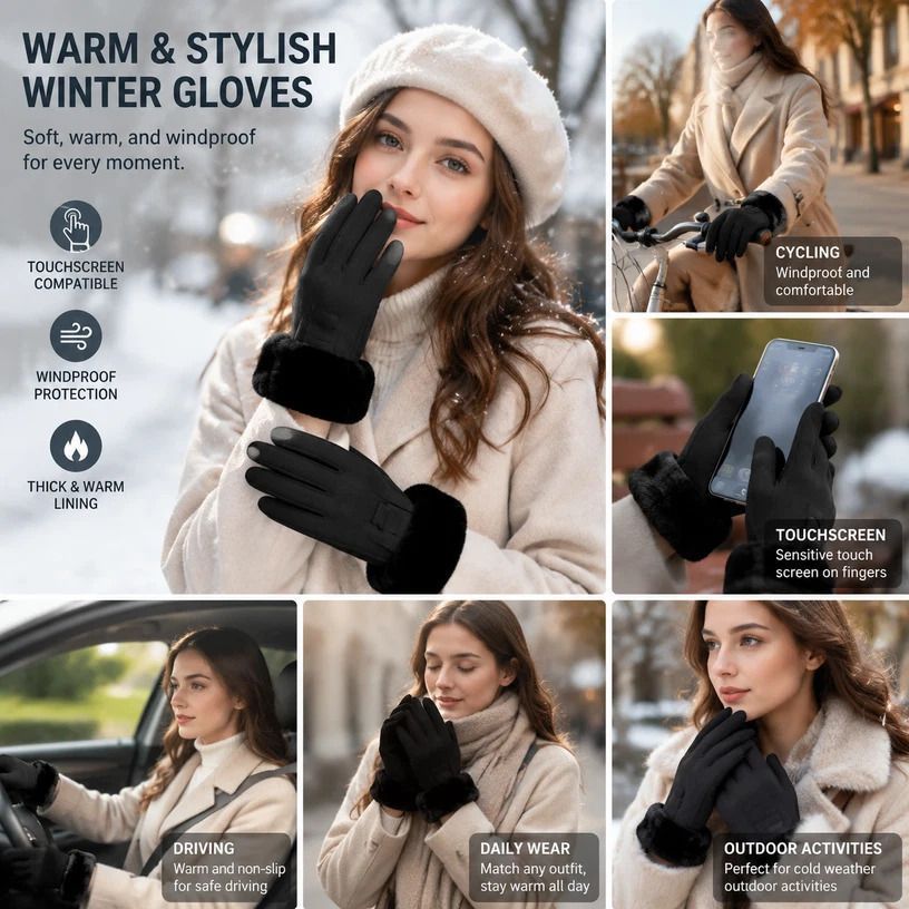 Black Fur Cuff Women's Windproof Fleece Touch Screen Bike Gloves
