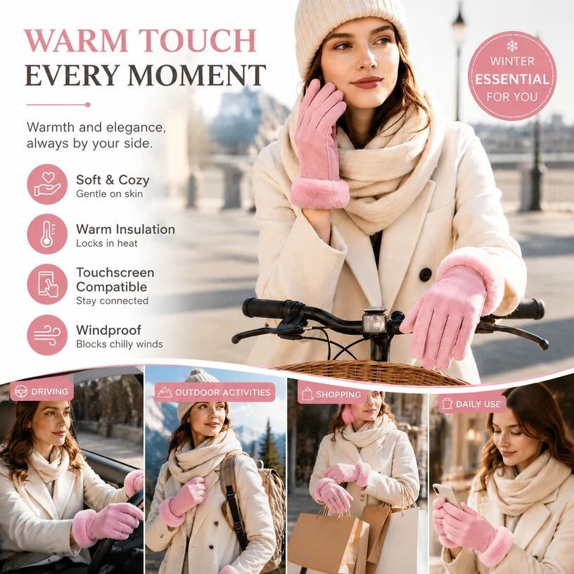 Light Pink Fur Cuff Women's Thermal Touch Screen Cycling Gloves