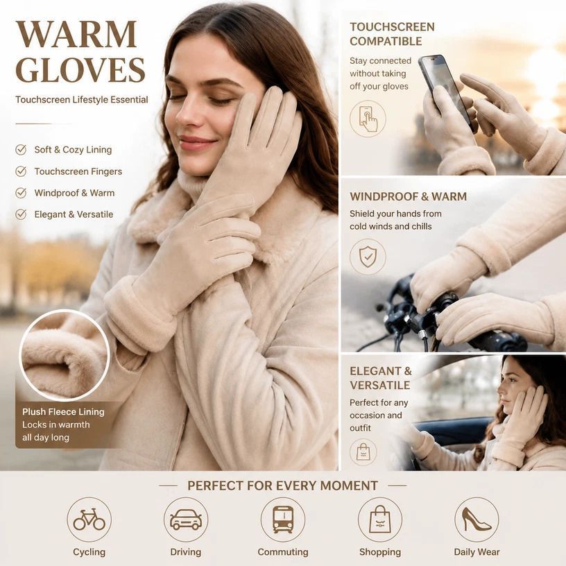 Khaki Fur Cuff Women's Fleece Windproof Bike Gloves