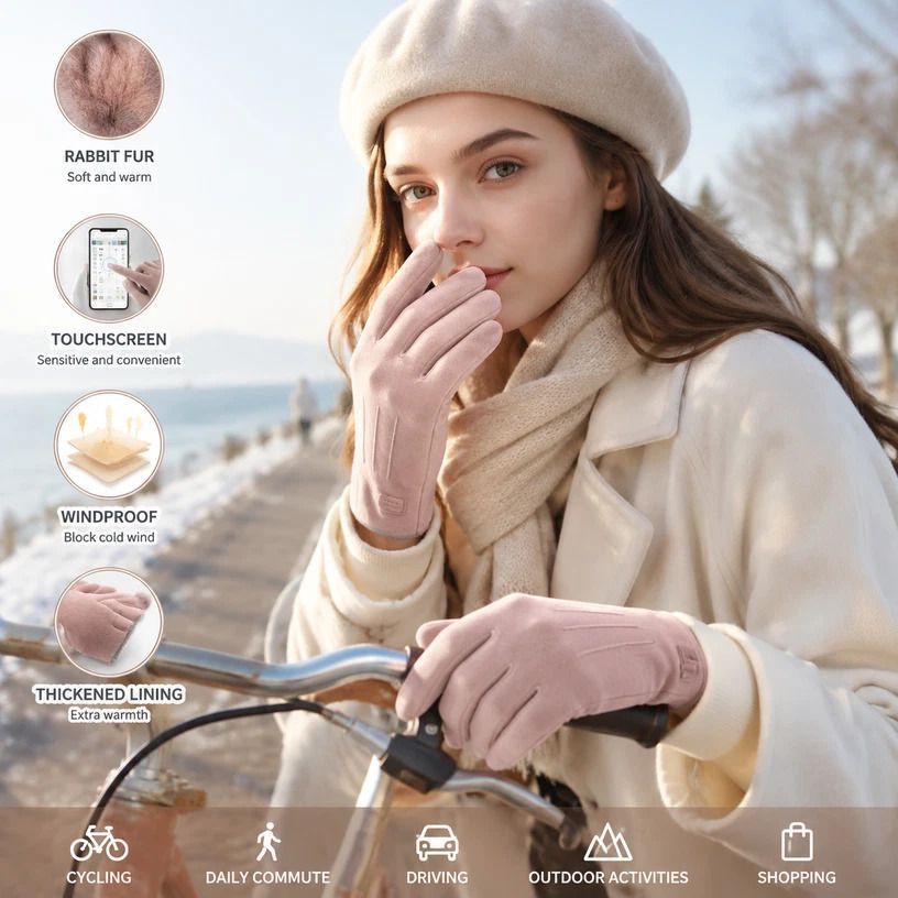 Light Pink 3 Stripes Women's Fleece Touch Screen Bike Gloves