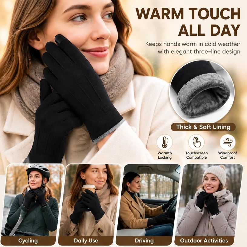 Black 3 Stripes Women's Windproof Thermal Cycling Gloves