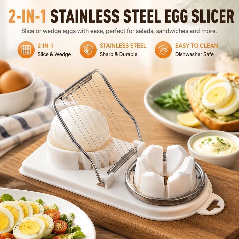 White 2-in-1 Stainless Steel Egg Slicer Clean Even Cuts Ideal for Salads