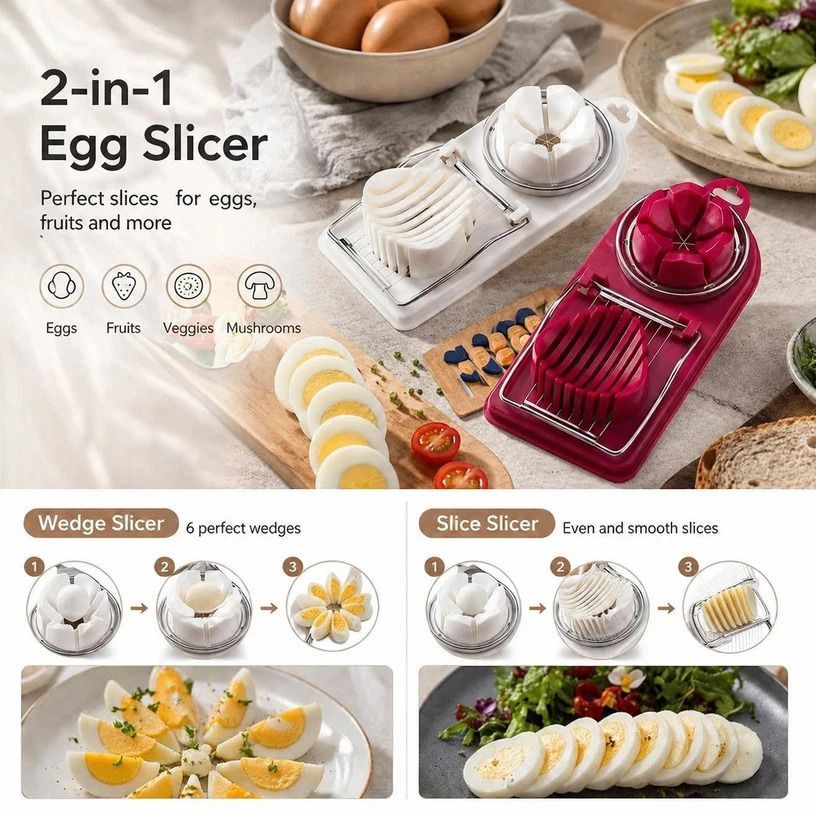Red & White 2-in-1 Egg Slicer 2Pcs Practical Home Kitchen Gadget Set