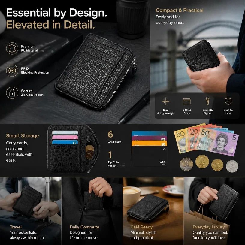 Black Vertical Lychee Grain Zipper Card Holder Large Capacity Multi Card Slots Coin Purse