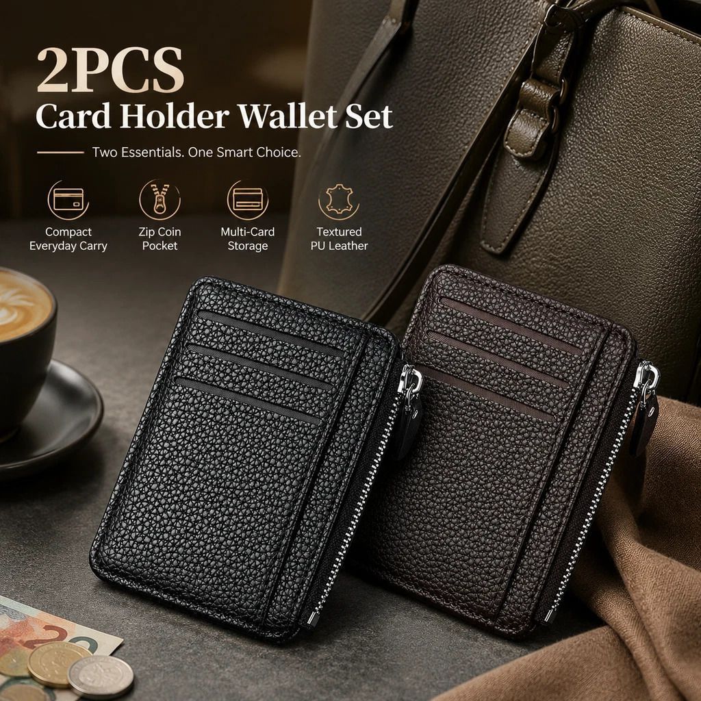 Black & Coffee Vertical Card Wallet Set 2Pcs Lychee Texture Multi Slot Coin Purse Kit