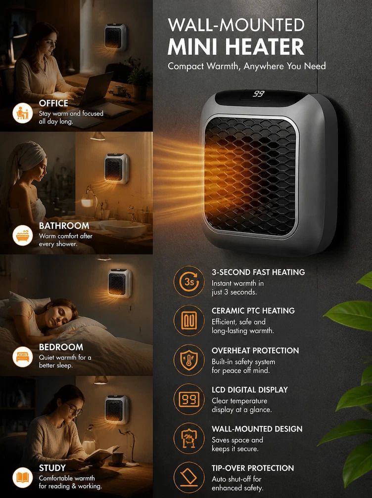 Wall Mount Mini Fan Heater Timer Portable Electric Heater Home Office