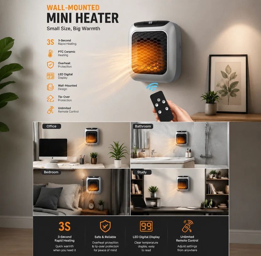 Wall Mount Mini Heater with Remote Timer Portable Electric Warmer for Home Office