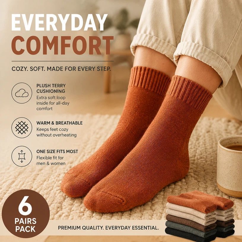 Brick Red Warm Fleece Terry Wool Socks Adult Unisex Loose Top Winter Socks 6 Pairs