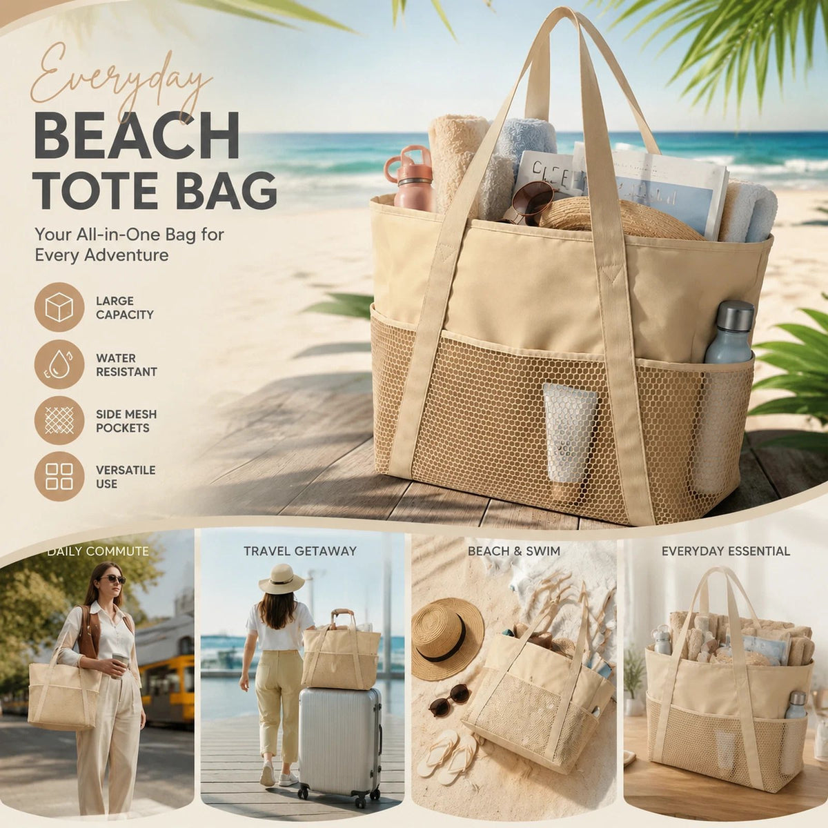 Beige Waterproof Travel Tote Large Capacity Beach Carry Bag
