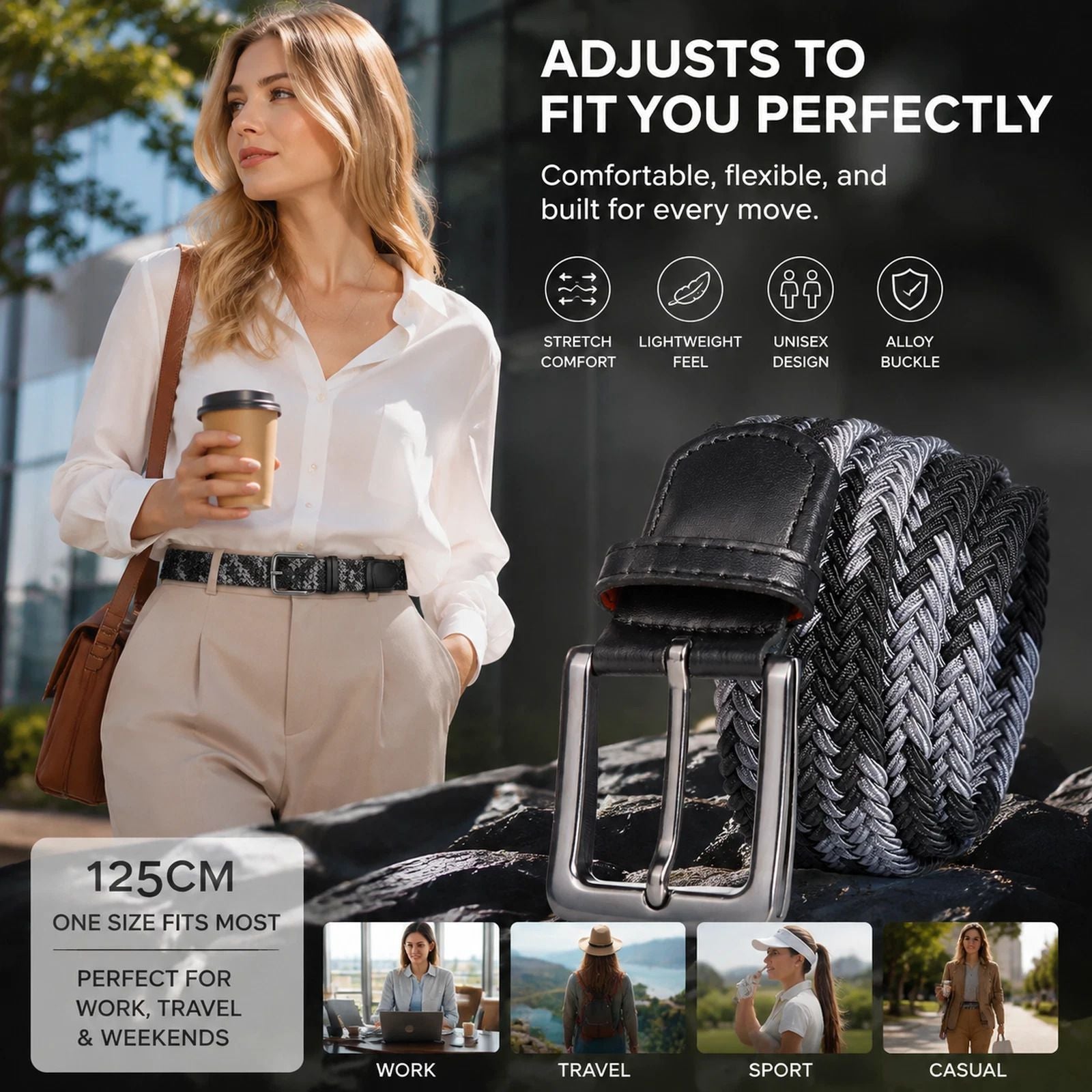 Double Black Grey Canvas Waist Strap 125cm Elastic Stretch Unisex Golf Belt