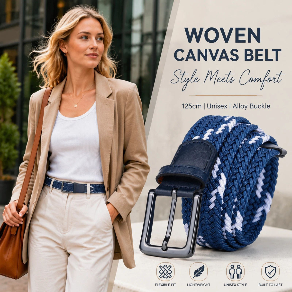 Double Blue White Block Stretch Canvas Belt 125cm Woven Elastic Golf Strap