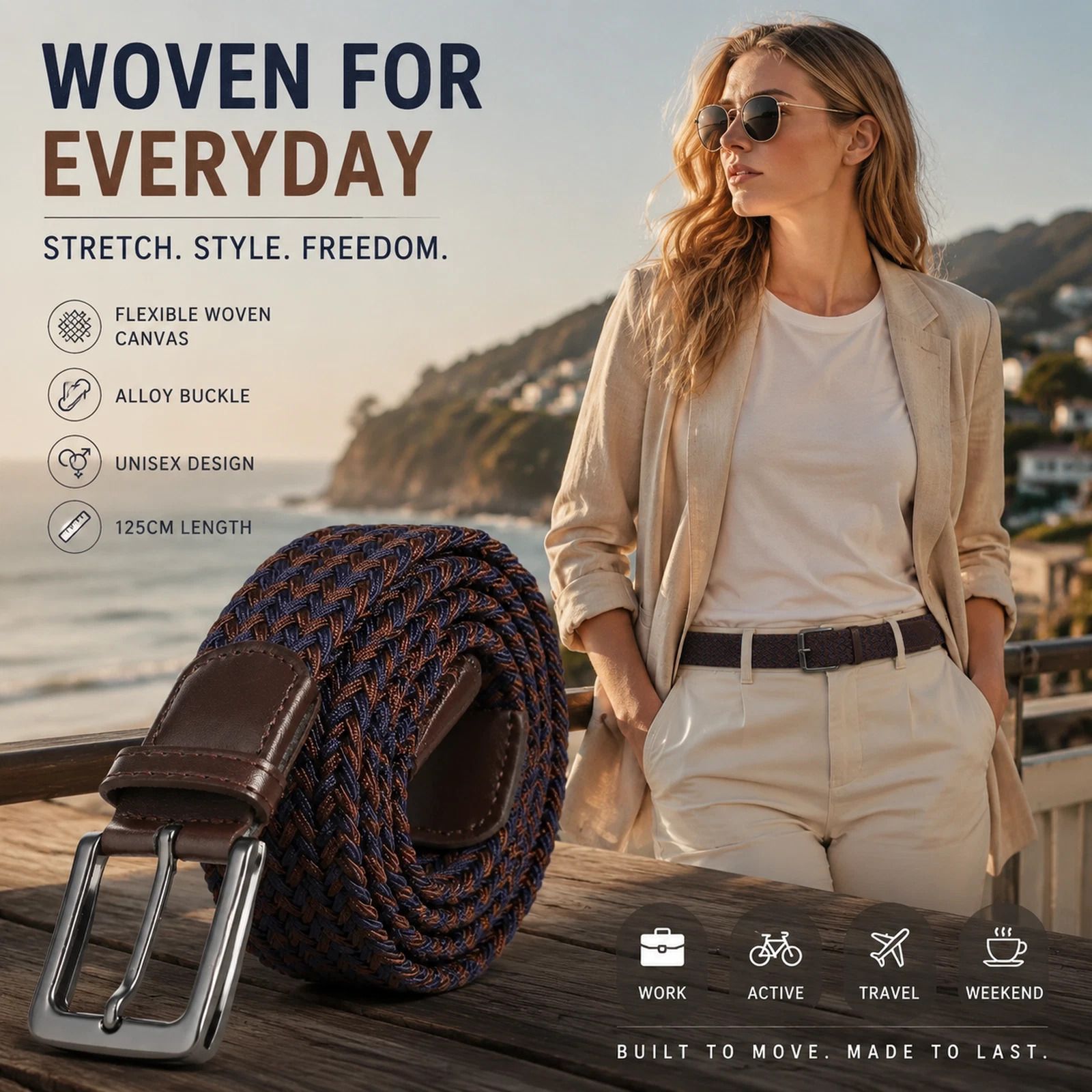 Blue Coffee Color Block Elastic Canvas Trouser Belt 125cm Unisex Golf Strap