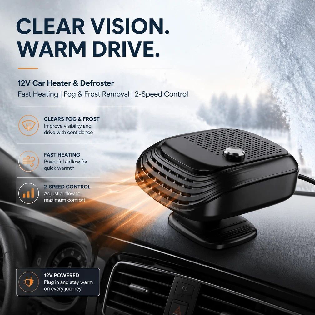 12V Black Portable Car Heater Fast Warm In-Car Heating Device