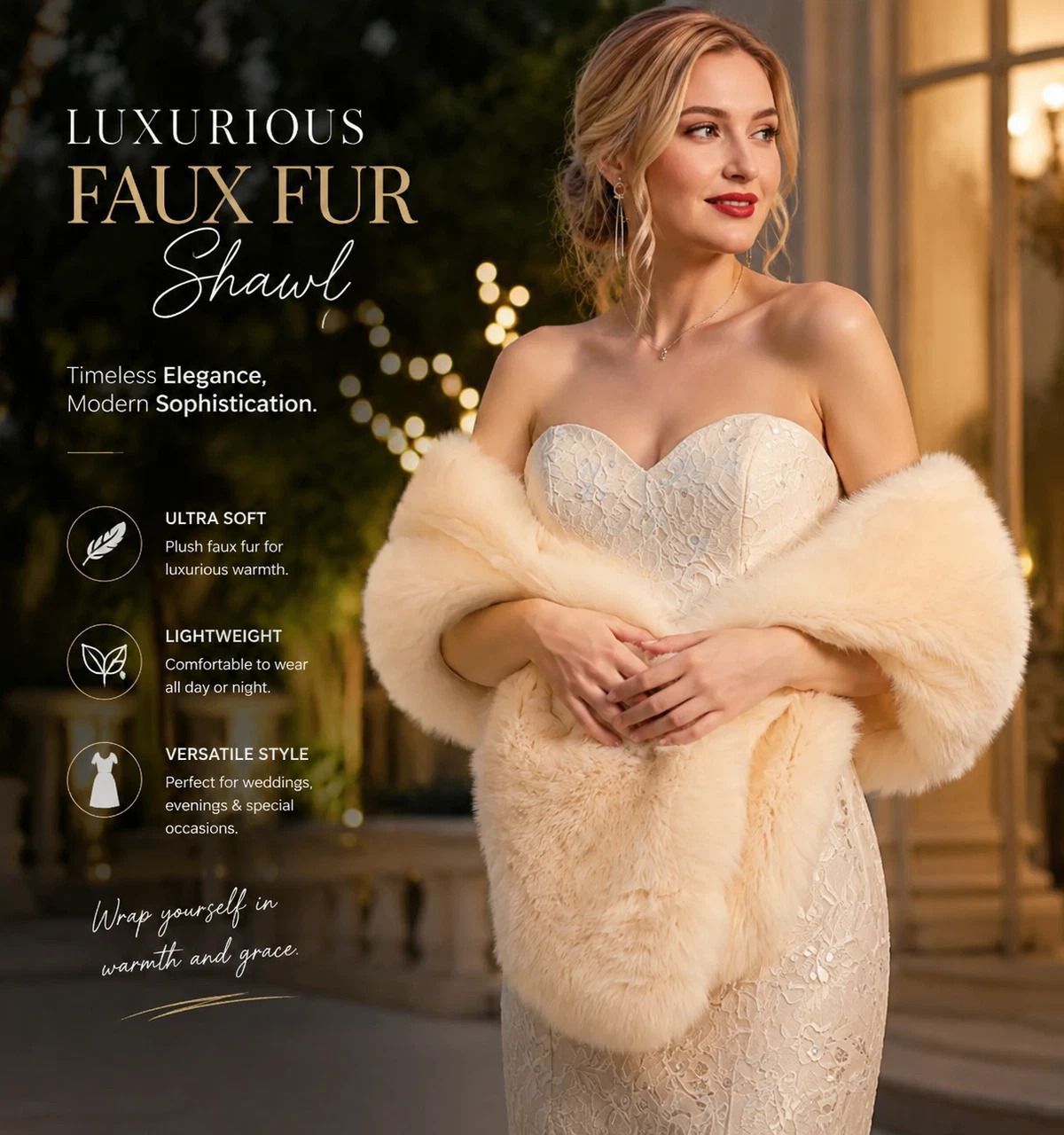 Cream Soft Fluffy Faux Fur Shawl Women Party Wrap Cape