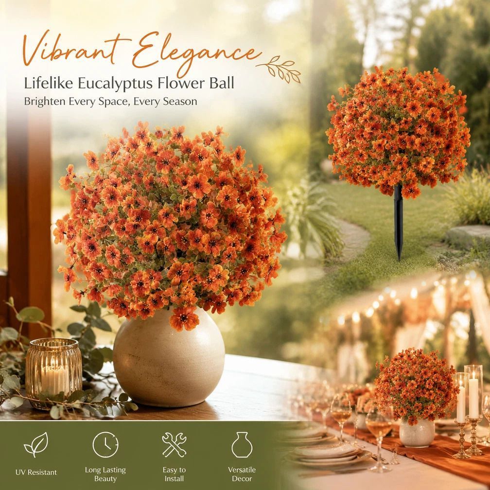 Autumn Orange Artificial Eucalyptus Violet Garden Stake Floral Display Prop