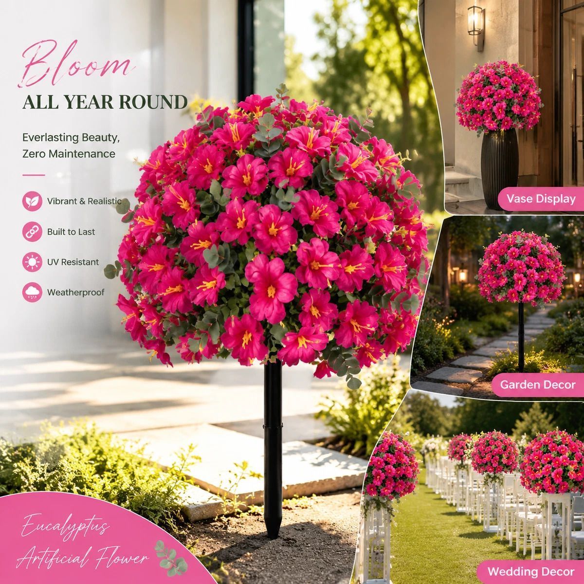 Magenta Morning Glory Faux Stems With Eucalyptus Backyard Photo Decor