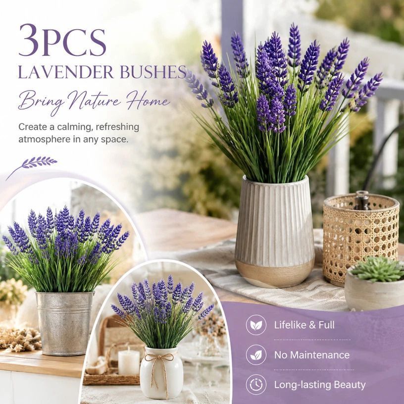 Purple 7 Fork Artificial Lavender Bouquet Spring Grass Fake Flower Decor 3 Pack