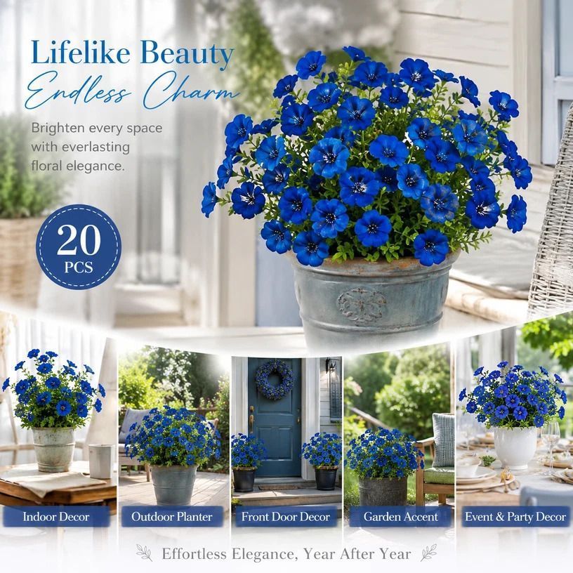 Blue Faux Eucalyptus Pansy Fake Flower Stems Yard Landscape Decor 20 Pack