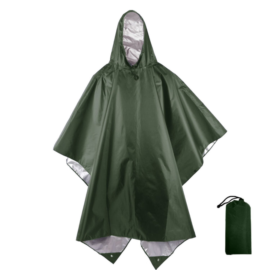Silver‑Coated Polyester Olive Green Adult 3‑in‑1 Rain Cloak Poncho, Multipurpose Ground Mat Shelter For Camping Hiking Cycling, Holiday Surprise Gift For Traveler