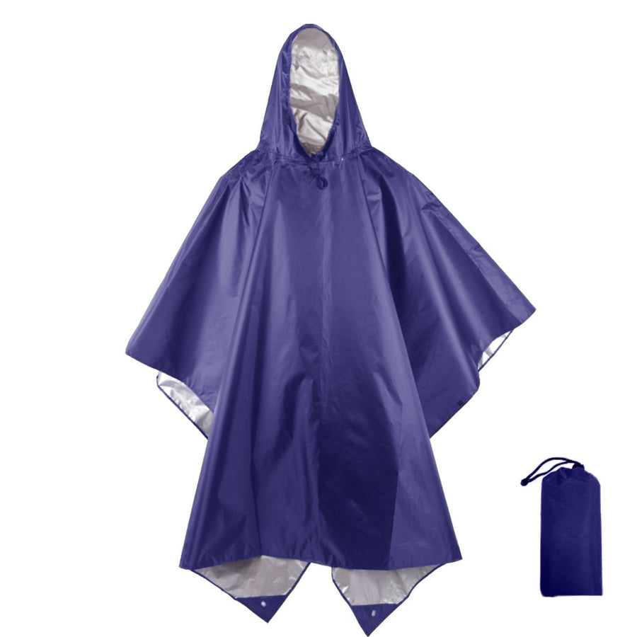 Silver‑Coated Polyester Blue Adult 3‑in‑1 Rain Poncho Cloak, Waterproof Ground Sheet Tarp For Outdoor Backpacking Camping, Halloween Practical Outdoor Present