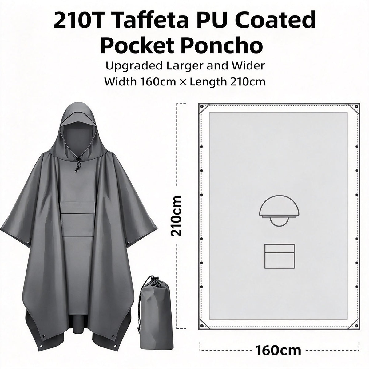 Widened Enlarged Grey Thin Adult 3‑in‑1 Rain Cloak Poncho, Large‑Size Ground Mat Shelter For Camping Backpacking Hiking, Practical Holiday Gift For Family Outdoor Activity