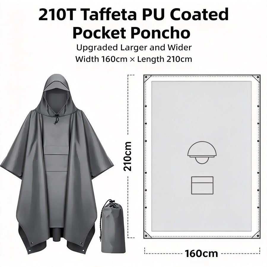 Widened Enlarged Grey Thin Adult 3‑in‑1 Rain Cloak Poncho, Large‑Size Ground Mat Shelter For Camping Backpacking Hiking, Practical Holiday Gift For Family Outdoor Activity