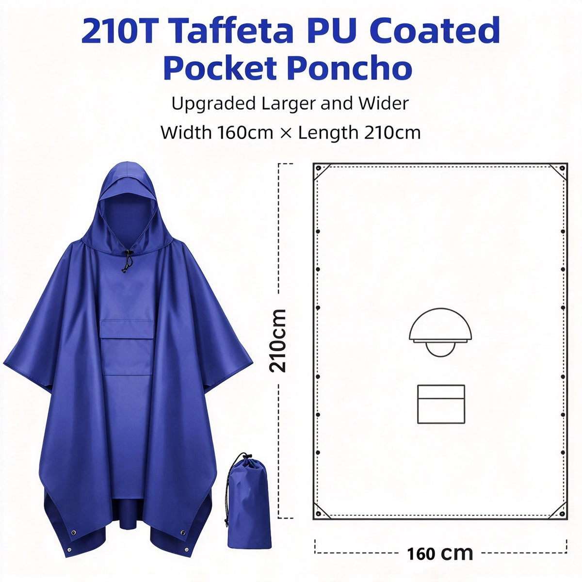 Widened Enlarged Blue Thin Adult 3‑in‑1 Rain Poncho Cloak, Oversized Ground Sheet Tarp For Backpacking Camping Hiking, Large Space Outdoor Gear Holiday Gift For Camper